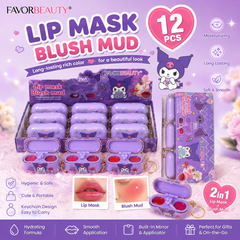 12 PCS Kuromi Inspired Lip Mask & Blush Mud Set – 2-in-1 Moisturizing Lip Balm & Cream Blush Keychain | Wholesale Party Favor Beauty Gift