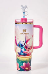 Stitch & Angel 40oz Stanley Style Tumbler with Handle & Straw | Insulated Stainless Steel Travel Cup Gift Set