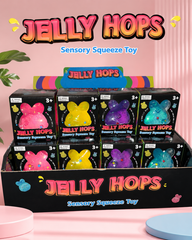 Wholesale Jelly Hops Sensory Squishy Toy – 12 Piece Display Box | Assorted Pink, Yellow, Purple & Blue Stress Relief Squishies