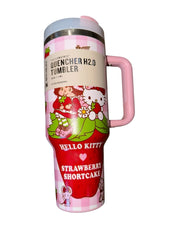 Cute Strawberry Cartoon 40oz Tumbler Cup – Insulated Travel Mug with Handle & Straw
