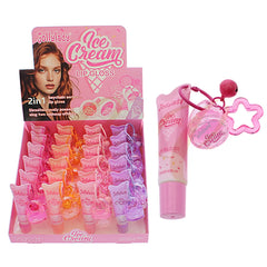 Kawaii Ice Cream Lip Gloss Keychain Set – Cute Moisturizing Lip Gloss Tubes with Charm Accessories | 24 Piece Display Case