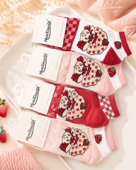 Kawaii Strawberry Bear Ankle Socks – Cute Korean Style Pink & Red Cozy Socks for Women & Teens