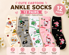 12 Pair Sanrio Inspired Cartoon Ankle Socks for Women, Teens & Kids | Cute Kawaii Novelty Sock Set