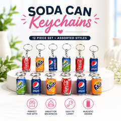 12 Piece Mini Soda Can Keychain Set – Assorted Cola, Orange & Lemon-Lime Drink Keychains | Cute Backpack, Purse & Party Favor Charms