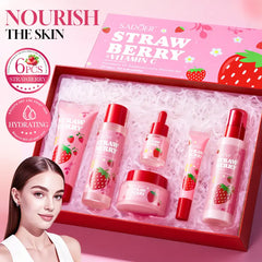 SADOER Strawberry Vitamin C Skincare Set – 6 Piece Hydrating Facial Kit | Brightening Beauty Gift Box