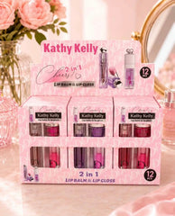 Kathy Kelly 2-in-1 Lip Balm & Lip Gloss Set – 12 Pieces | Cute Moisturizing Lip Care Duo, Glossy Lip Makeup, Beauty Gift